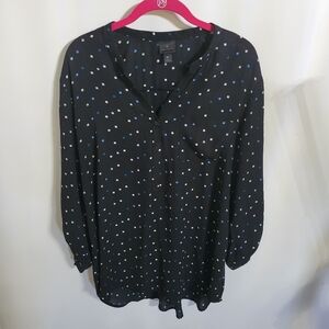 Worthington Blouse Long Sleeve 1/2 Button Front Polka Dot Tie Cuff, Size XL